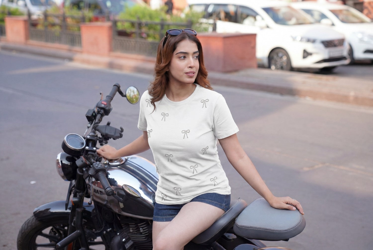 Women Crystal Embellished Round Neck Cotton Regular T-shirt