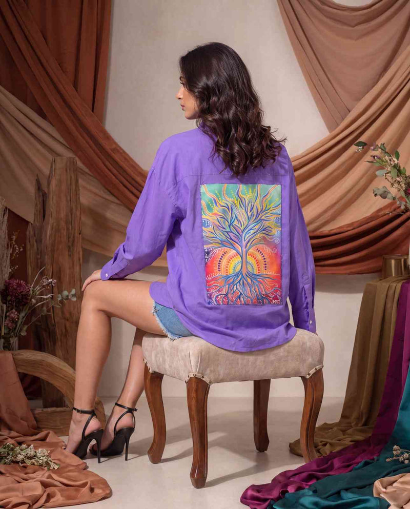 Woman Cotton  Satin Oversized Black Artwork Embroidered  Shirt