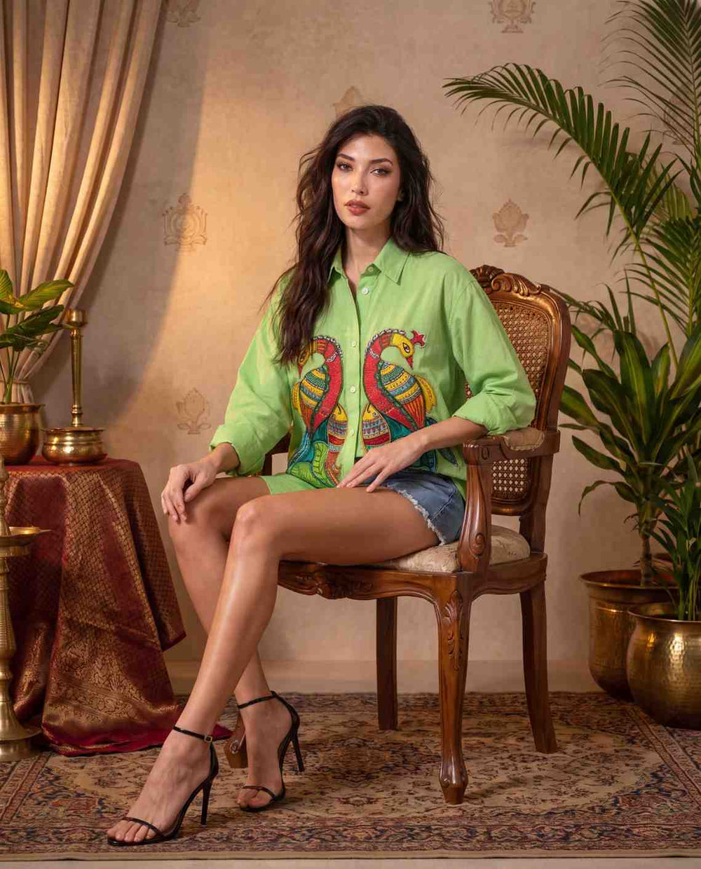 Woman Cotton  Satin Oversized Green Artwork Embroidered  Shirt