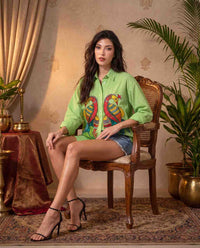 Woman Cotton  Satin Oversized Green Artwork Embroidered  Shirt