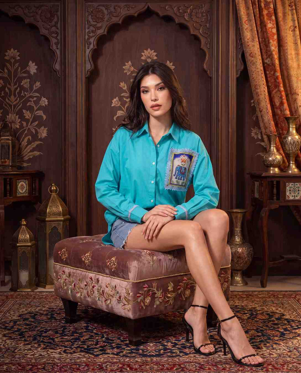 Woman Cotton  Satin Oversized Blue Artwork Embroidered  Shirt
