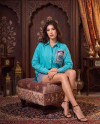 Woman Cotton  Satin Oversized Blue Artwork Embroidered  Shirt