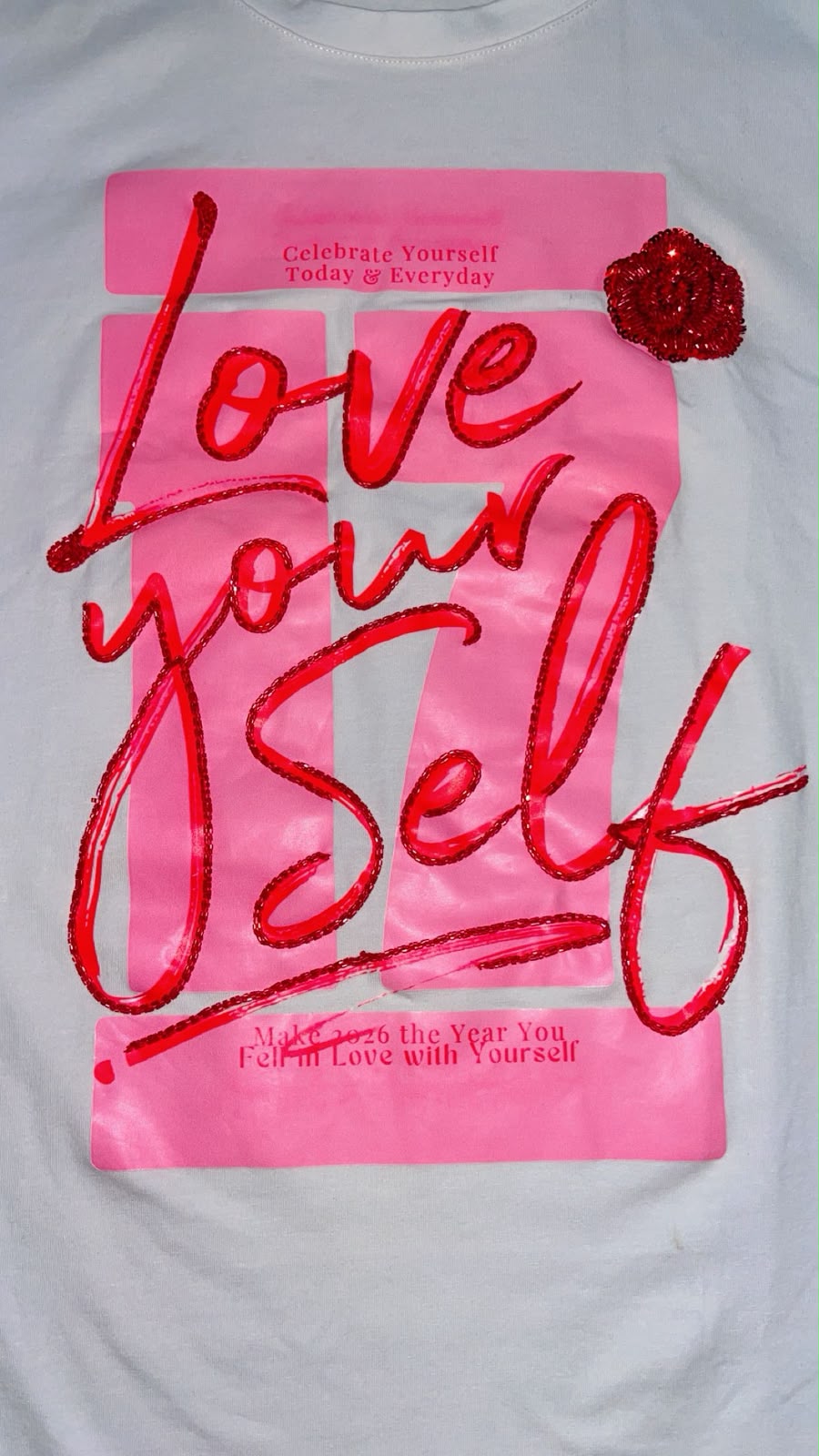 Women Hand Embroidered Love-Yourself Cotton T-shirt